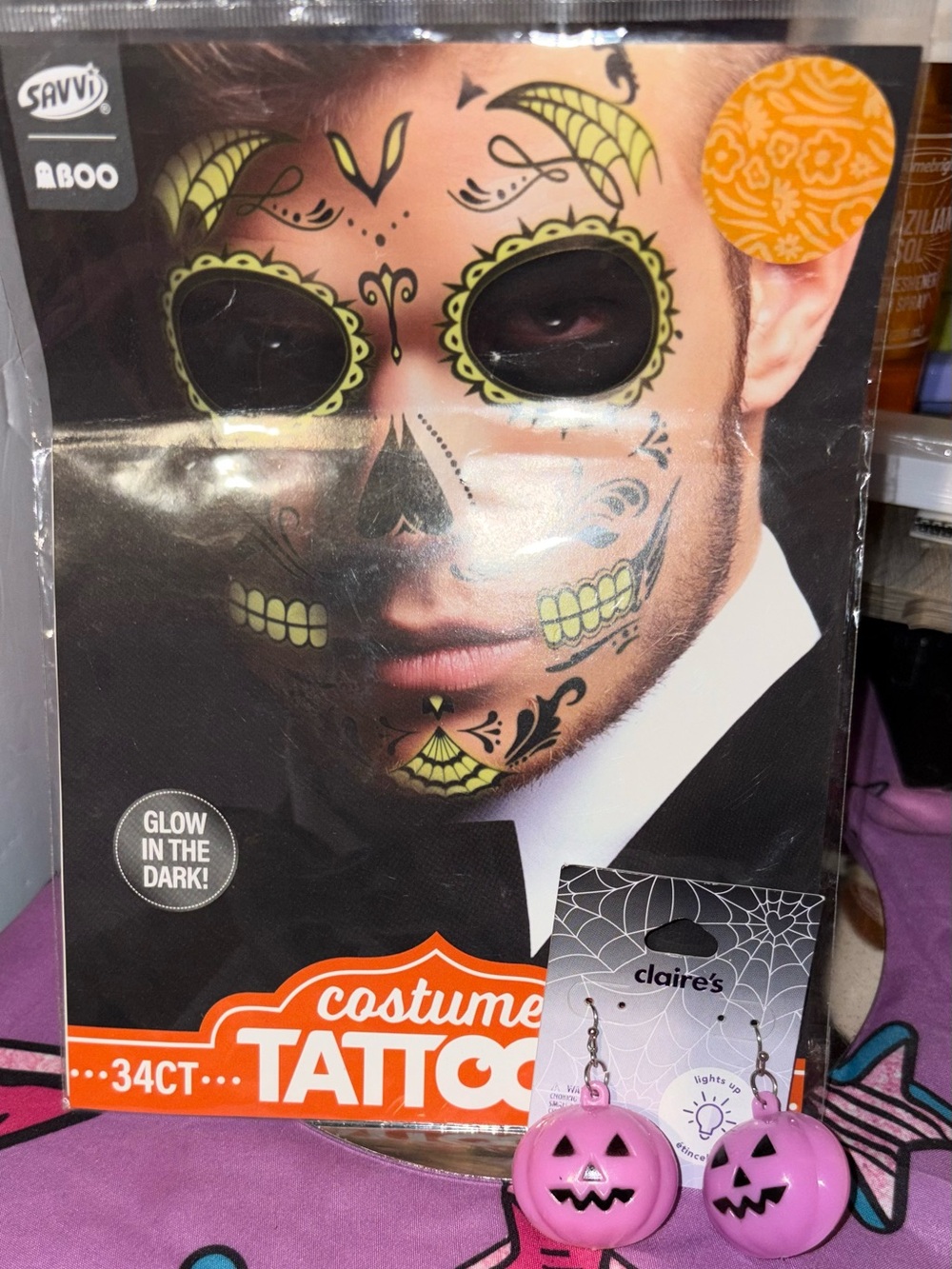 Glow-In-The-Dark Sugar Skull Face Tattoo - Black & Green bundle earrings π‘ up